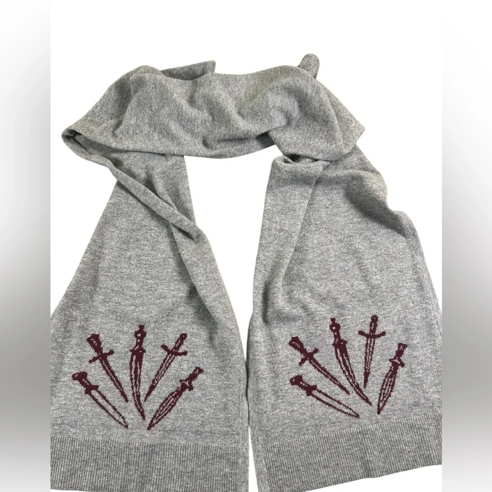 RAG & BONE Gray Burgundy Wool Knit Scarf Dagger Motif‎ Unisex 77”